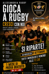 Poster for Alessandria Rugby: kids in black jerseys run with a rugby ball on a sunset field, crest top-right, bold 'GIOCA A RUGBY' text.
