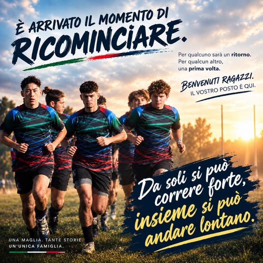 Gruppo di giovani atleti che corrono all'alba; poster promozionale con grandi slogan italiani: 'È arrivato il momento di RICOMINCIARE' e 'Da solo si può correre forte, insieme si può andare lontano'.
